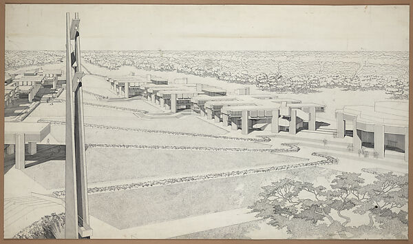 Aerial perspective drawing of the Southeastern Massachusetts Technological
Institute (SMTI, now UMass Dartmouth), Paul Rudolph  American, Ink on paper, screentone, pasted on board
