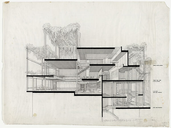 Perspective section drawing of quadruplex apartment at 23 Beekman Place, New York, Paul Rudolph  American, Ink on tracing paper