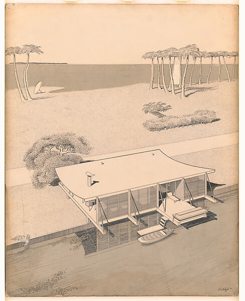 Aerial perspective drawing of the Healy Guest House (Cocoon House), Sarasota, Paul Rudolph  American, Ink and screen tone on paper, attached to board