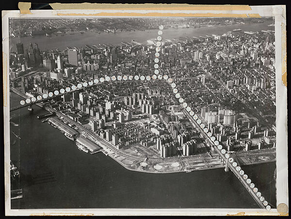 Photo-collage showing proposed route for the Lower Manhattan Expressway / City Corridor project (unbuilt), New York, Paul Rudolph  American, Black and white photo with acetate (?) overlay with white dots