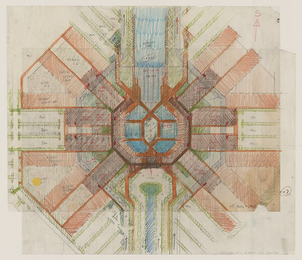 Sketch plan for Electronic Data Systems Corporate Headquarters project, Texas (unbuilt), Paul Rudolph  American, Graphite & colored pencil on tracing paper