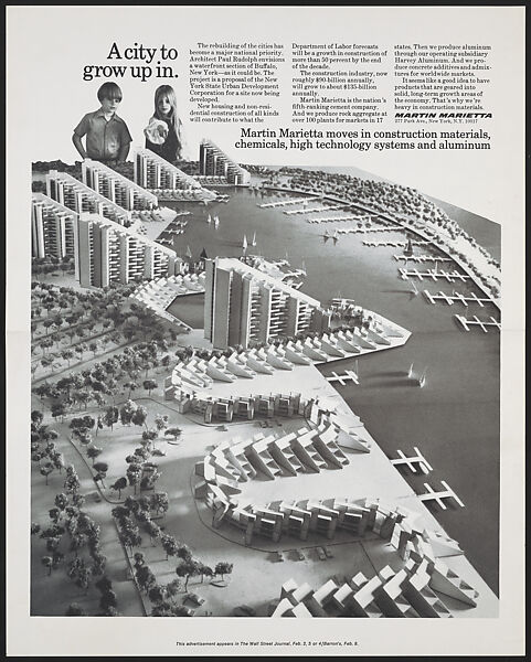Advertisement tear sheet for Martin Marietta concrete company, featuring an architectural model of the Buffalo Waterfront project (partially demolished), New York, Paul Rudolph  American, TBC