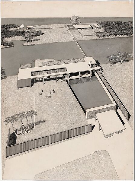 Aerial perspective drawing of the Finney Guest House project (unbuilt), Siesta Key, Paul Rudolph  American, Ink and printed polymer sheet on paper