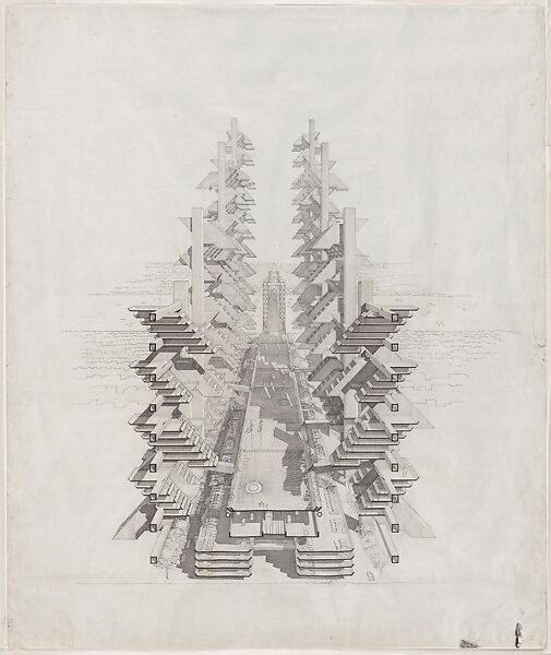 Perspective section drawing of the Lower Manhattan Expressway / City Corridor project (unbuilt), New York, Paul Rudolph  American, Ink and graphite on paper