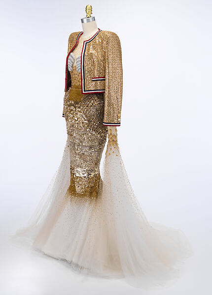 "Mermaid', Thom Browne (American, born 1965), (a) polyamide, silk, lurex, (b) polyamide, silk, lurex, (c) polyamide, silk, lurex, (d, e) leather, rubber, American