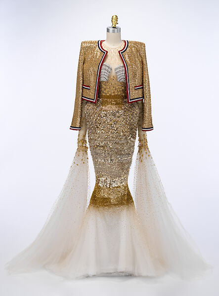 "Mermaid', Thom Browne (American, born 1965), (a) polyamide, silk, lurex, (b) polyamide, silk, lurex, (c) polyamide, silk, lurex, (d, e) leather, rubber, American