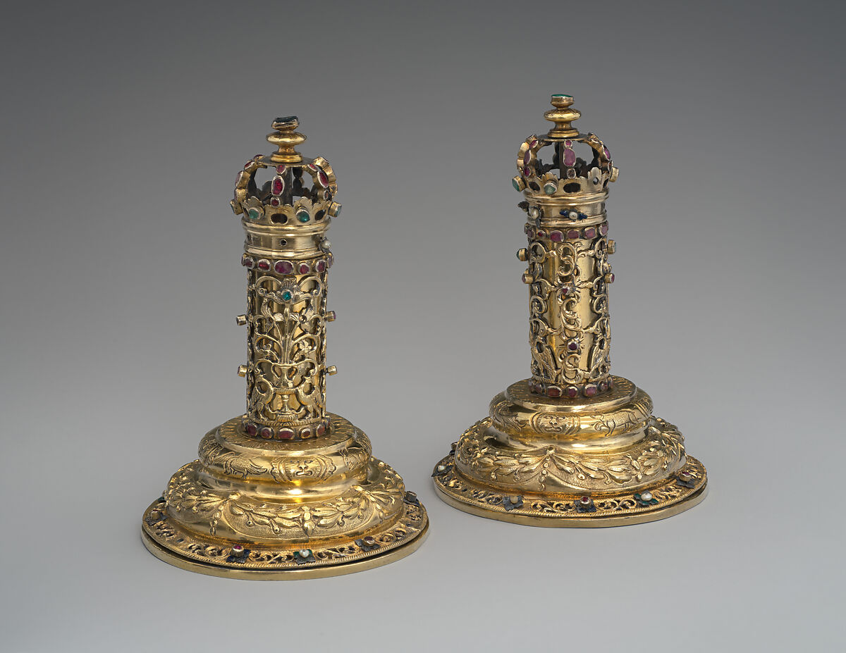 Pair of Torah finials (Rimmonim), Silver, partially gilded, rubies, emeralds, freshwater pearls, enamel, colored glass, Austrian, Galicia (present day Poland/Ukraine)