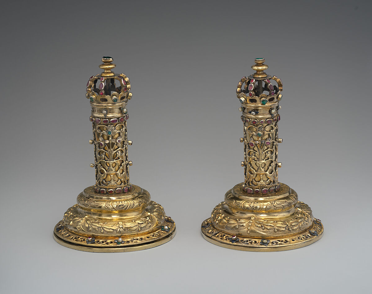 Pair of Torah finials (Rimmonim), Silver, partially gilded, rubies, emeralds, freshwater pearls, enamel, colored glass, Austrian, Galicia (present day Poland/Ukraine) 