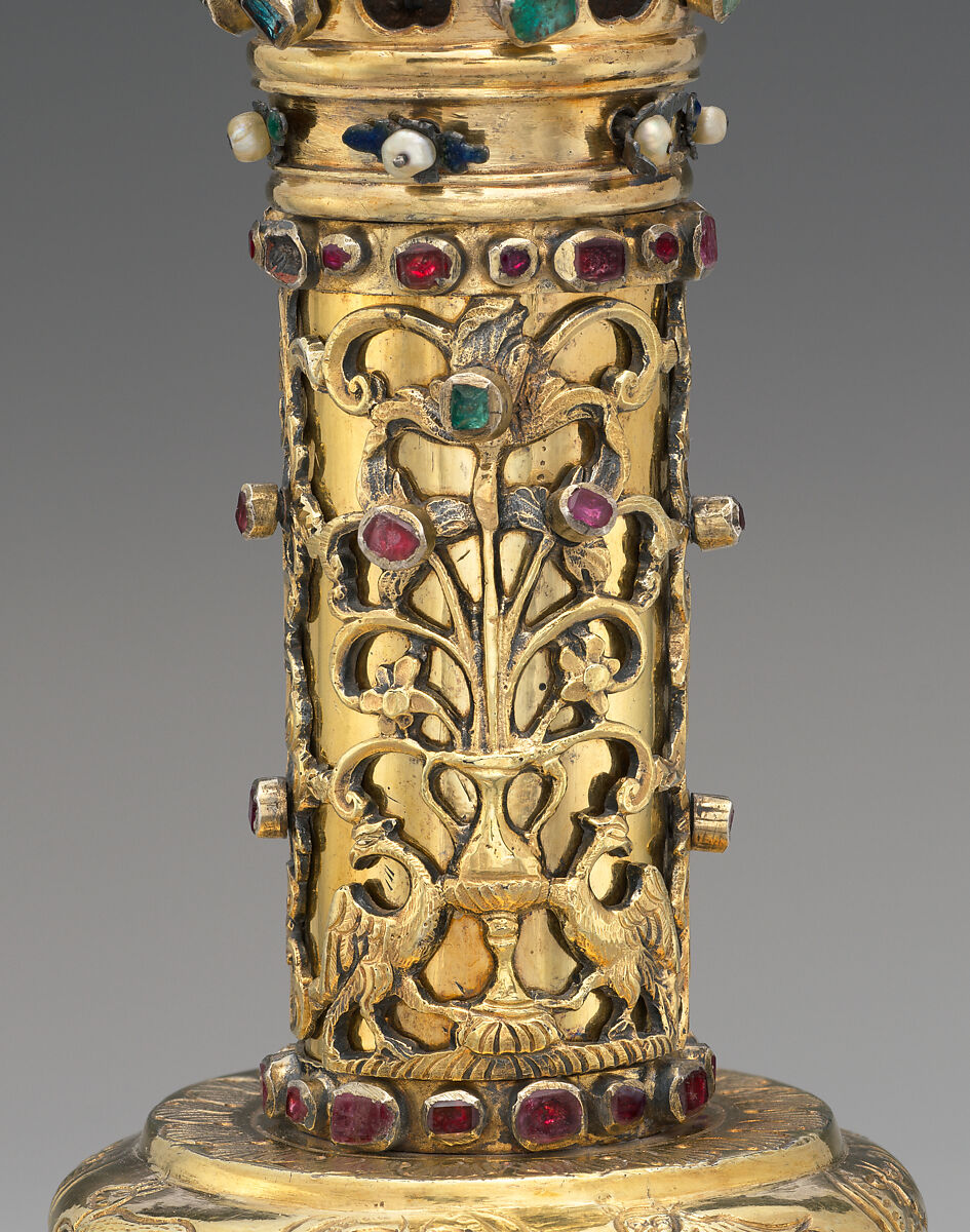 Pair of Torah finials (Rimmonim), Silver, partially gilded, rubies, emeralds, freshwater pearls, enamel, colored glass, Austrian, Galicia (present day Poland/Ukraine)