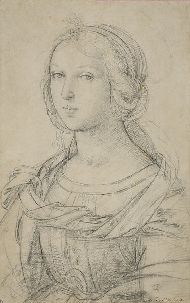 Study of a Female Saint in Half-Length (Saint Catherine?), Raphael (Raffaello Sanzio or Santi)  Italian, Black chalk, over preliminary stylus underdrawing, on paper
