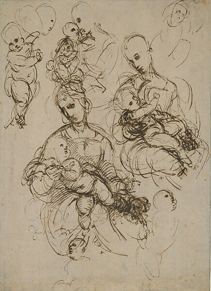 The Virgin and Child Studied from Mannequins or Lay Figures (recto); Study for the Virgin and Child (verso; parrtly visible in transmitted light), Raphael (Raffaello Sanzio or Santi) (Italian, Urbino 1483–1520 Rome), Pen and brown ink over traces of red chalk (recto); red chalk (verso), on paper