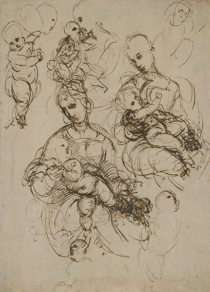 The Virgin and Child Studied from Mannequins or Lay Figures (recto); Study for the Virgin and Child (verso; parrtly visible in transmitted light), Raphael (Raffaello Sanzio or Santi)  Italian, Pen and brown ink over traces of red chalk (recto); red chalk (verso), on paper
