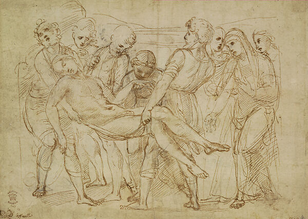 The Entombment (Composition Study for the Baglioni Altarpiece) (recto); Study after Michelangelo’s Marble Saint Matthew (verso), Raphael (Raffaello Sanzio or Santi)  Italian, Pen and brown ink over black chalk and preliminary stylus underdrawing (recto), pen and brown ink (verso), on paper