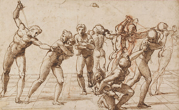 Composition Sketch for the Massacre of the Innocents, Raphael (Raffaello Sanzio or Santi)  Italian, Pen and brown ink, corrections in red chalk (figures at right), stylus-ruled construction and compass work, vertical axis line (partly pricked); outlines pricked for transfer of the design (except for the corrected figures), on paper