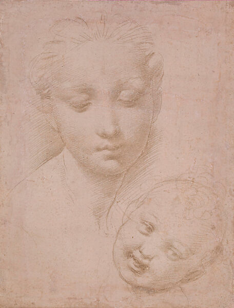 The Heads of the Virgin and Child (Sheet from the “Pink Sketchbook”), Raphael (Raffaello Sanzio or Santi)  Italian, Metalpoint on paper prepared pink