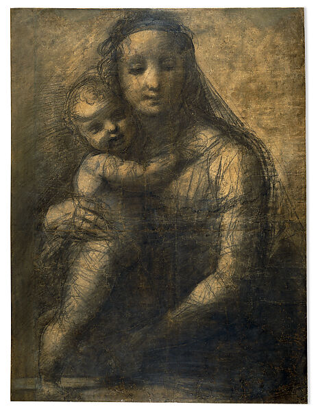 The Virgin and Child (Cartoon for the Mackintosh Madonna), Raphael (Raffaello Sanzio or Santi)  Italian, Black chalk, charcoal, highlighted with touches of white chalk, with incised compass arcs and a vertical axis line; outlines incised and pricked for transfer of the design, and rubbed with pouncing dust; on two sheets glued with overlapping seams (original paper support); retouching and integrations by early restorers