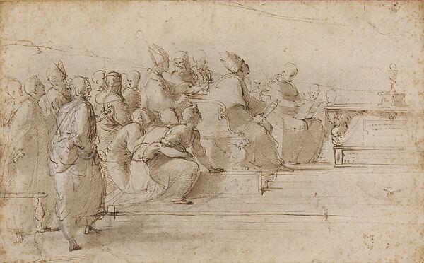 Composition Study for the Disputa, Stanza della Segnatura (Discarded Idea for the Lower Left Section), Raphael (Raffaello Sanzio or Santi)  Italian, Pen and brown ink, brush and brown wash, highlighted with white gouache, over traces of stylus underdrawing, on paper
