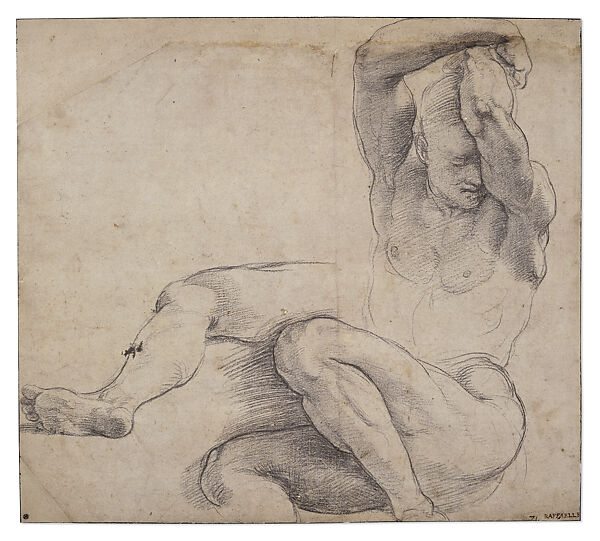 A Seated Male Nude and a Right Leg (Studies for the Resurrection, Chigi Chapel, Santa Maria della Pace), Raphael (Raffaello Sanzio or Santi)  Italian, Black chalk on paper