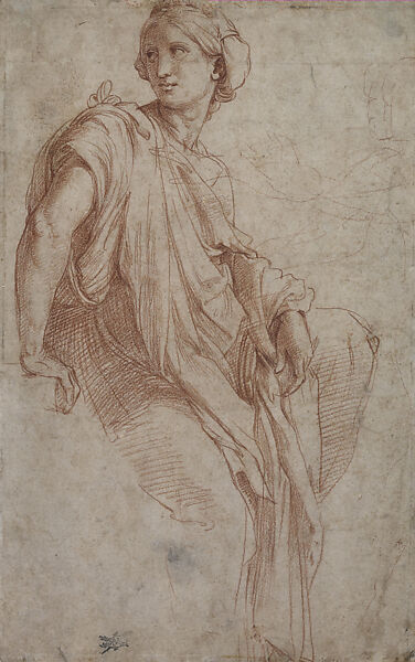 The Phrygian Sibyl (Second Idea for the Chigi Chapel Frescoes, Santa Maria della Pace) (recto), Drapery Study for the Lower Half of a Seated Figure (verso), Raphael (Raffaello Sanzio or Santi)  Italian, Red chalk, over preliminary stylus underdrawing, on paper