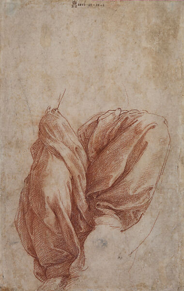 The Phrygian Sibyl (Second Idea for the Chigi Chapel Frescoes, Santa Maria della Pace) (recto), Drapery Study for the Lower Half of a Seated Figure (verso), Raphael (Raffaello Sanzio or Santi) (Italian, Urbino 1483–1520 Rome), Red chalk, over preliminary stylus underdrawing, on paper