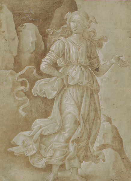 A Woman Standing Before Rocks (The Muse Clio), Giovanni Santi  Italian, Off-green gouache preparation, stylus underdrawing, pen and iron gall ink, iron gall wash, lead white gouache, on paper
