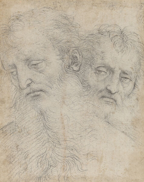 Heads of Two Apostles (“Auxiliary Cartoon” for the Oddi Altarpiece), Raphael (Raffaello Sanzio or Santi)  Italian, Black chalk drawn freehand over pounce marks (spolvero underdrawing) with unrelated design in pounce marks (spolvero), on paper