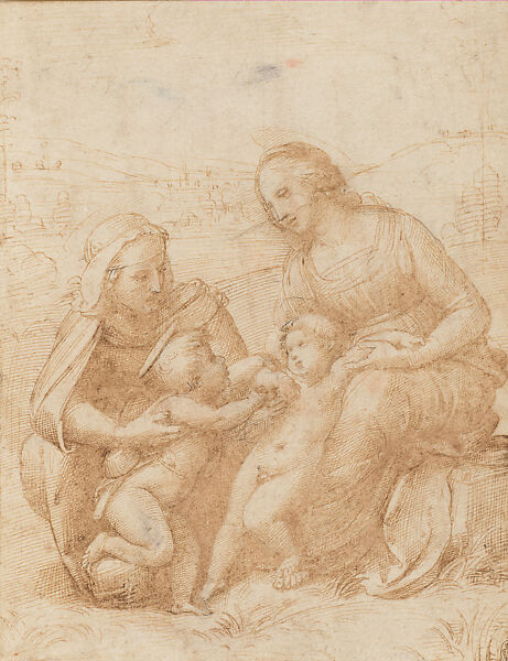 Composition Study for the Virgin and Child with Saint Elizabeth and the Infant Saint John the Baptist, Raphael (Raffaello Sanzio or Santi)  Italian, Pen and brown ink, on some black chalk underdrawing, very slight retouches in black-brown ink, on paper