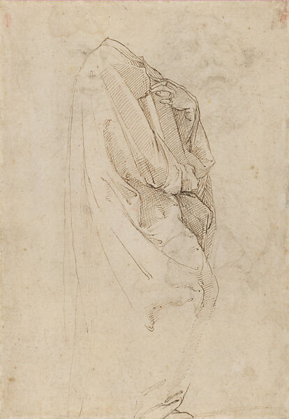 Studies of the Heads of the Three Poets (Homer, Unidentified Poet, and Dante) in the Parnassus, Stanza della Segnatura (recto); Drapery Study (verso), Raphael (Raffaello Sanzio or Santi) (Italian, Urbino 1483–1520 Rome), Pen and brown ink, (?) on traces of black chalk underdrawing, on paper