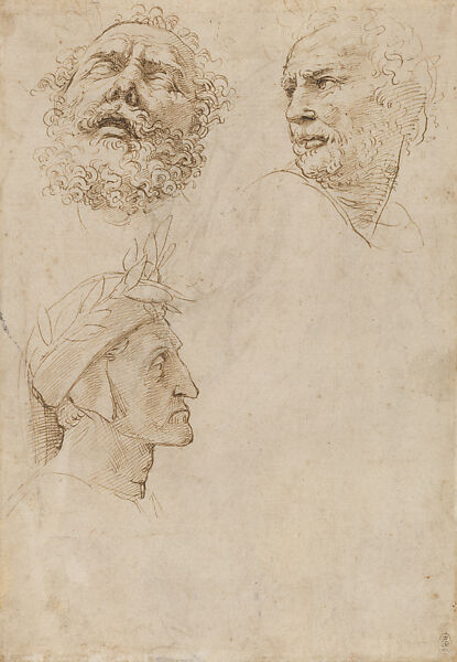Studies of the Heads of the Three Poets (Homer, Unidentified Poet, and Dante) in the Parnassus, Stanza della Segnatura (recto); Drapery Study (verso), Raphael (Raffaello Sanzio or Santi)  Italian, Pen and brown ink, (?) on traces of black chalk underdrawing, on paper