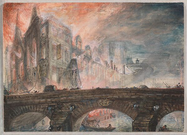 The Hôtel-Dieu in Flames (recto); The Ruins of the Nun’s Building of the Hôtel-Dieu (verso), Gabriel de Saint-Aubin  French, Pen and black ink over black chalk, with watercolor, pastel, and gouache (recto); black chalk (verso)
