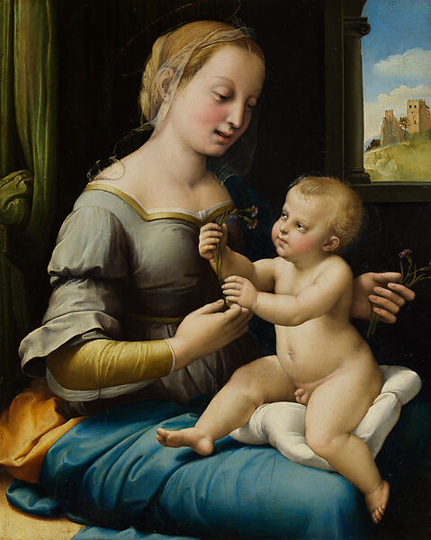 The Virgin and Child in an Interior (The Madonna of the Pinks), Raphael (Raffaello Sanzio or Santi)  Italian, Oil on wood (yew)