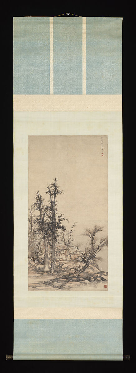 Small dwelling in a dense grove of trees, Chen Mei (Chinese,active early 18th century), Hanging scroll; ink and color on paper, China