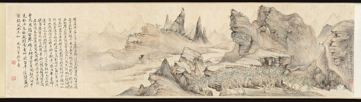 Landscape after Hua Yan, Liu Yanchong (Chinese, 1808–1847), Handscroll; ink and color on paper, China