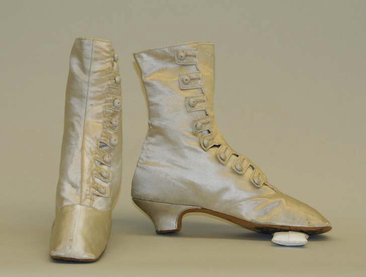 Wedding boots, silk, leather, wood, American 