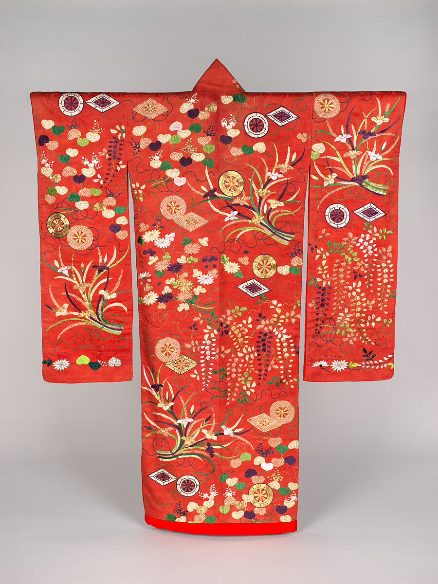 Over Robe (Uchikake) with Genji Wheels, Narcissus Bouquets, Wild Ginger Leaves, Wisteria, and Chrysanthemums, Figured satin-weave silk with tie-dyeing, silk embroidery, and couched gold thread, Japan