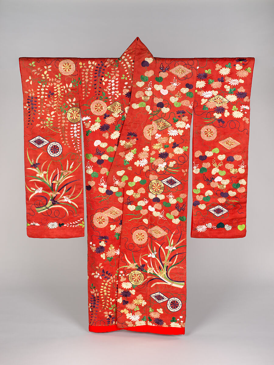 Over Robe (Uchikake) with Genji Wheels, Narcissus Bouquets, Wild Ginger Leaves, Wisteria, and Chrysanthemums, Figured satin-weave silk with tie-dyeing, silk embroidery, and couched gold thread, Japan