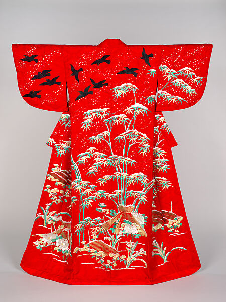 Over robe (uchikake) with snow-covered bamboo, narcissus, peonies, chrysanthemums, and crows, Figured satin-weave silk with silk embroidery, and couched gold thread, Japan 