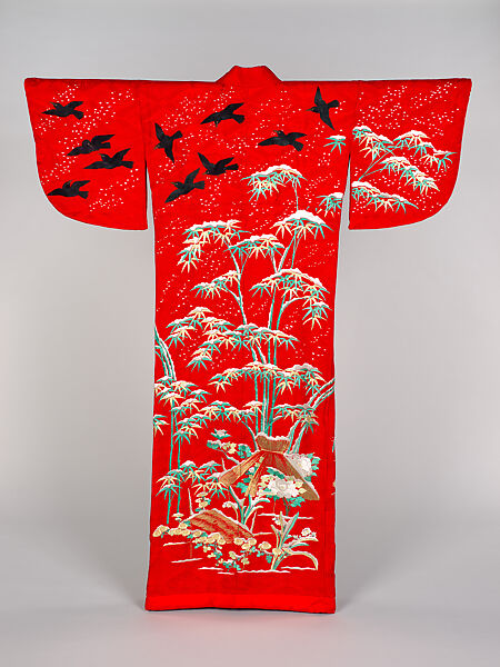 Over robe (uchikake) with snow-covered bamboo, narcissus, peonies, chrysanthemums, and crows, Figured satin-weave silk with silk embroidery, and couched gold thread, Japan