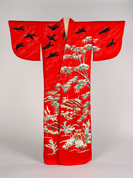 Over robe (uchikake) with snow-covered bamboo, narcissus, peonies, chrysanthemums, and crows, Figured satin-weave silk with silk embroidery, and couched gold thread, Japan