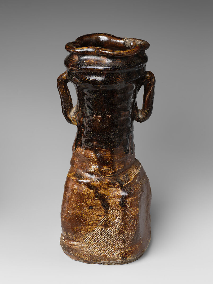 Brown Oribe Flower Holder (Hanaire) with Handles, Stoneware with natural ash, feldspar, and iron glaze (Mino ware, Kuro-Oribe type), Japan