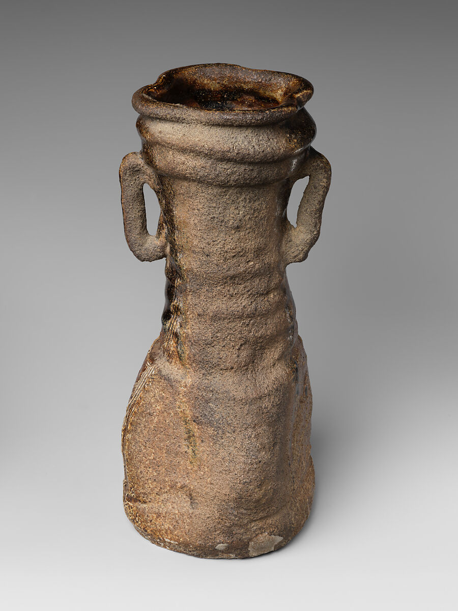 Brown Oribe Flower Holder (Hanaire) with Handles, Stoneware with natural ash, feldspar, and iron glaze (Mino ware, Kuro-Oribe type), Japan