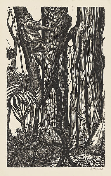 Harvesting Chicle (Hombre in el Arbor), Angel Bracho (Mexican, Mexico City 1911–2005), Linocut 