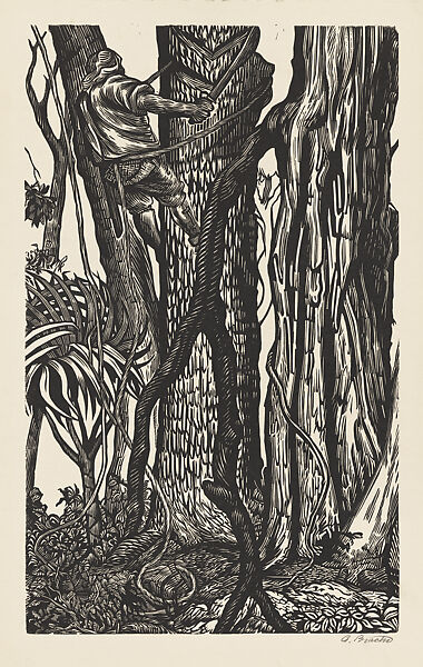 Harvesting Chicle (Hombre in el Arbor), Ángel Bracho (Mexican, Mexico City 1911–2005), Linocut 