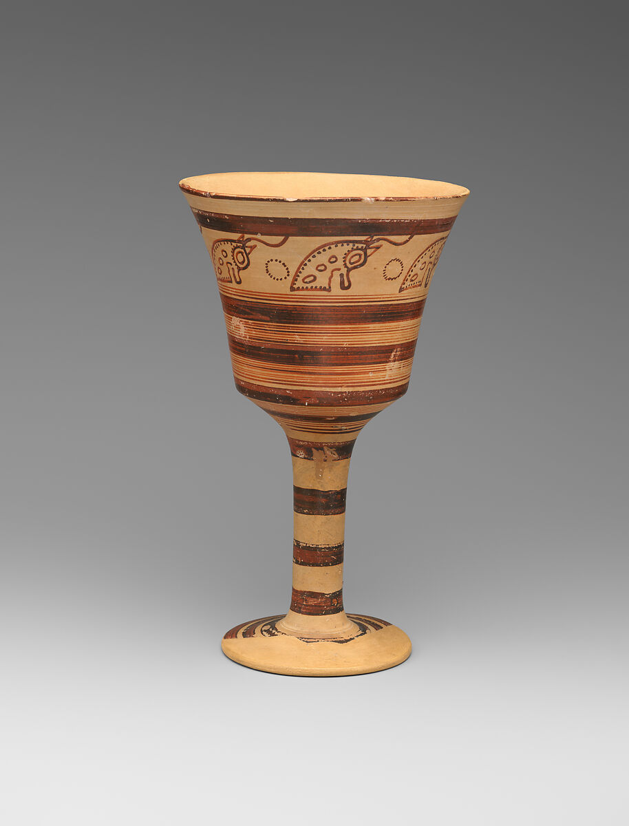 Terracotta chalice with bull's heads, terracotta, Mycenaean