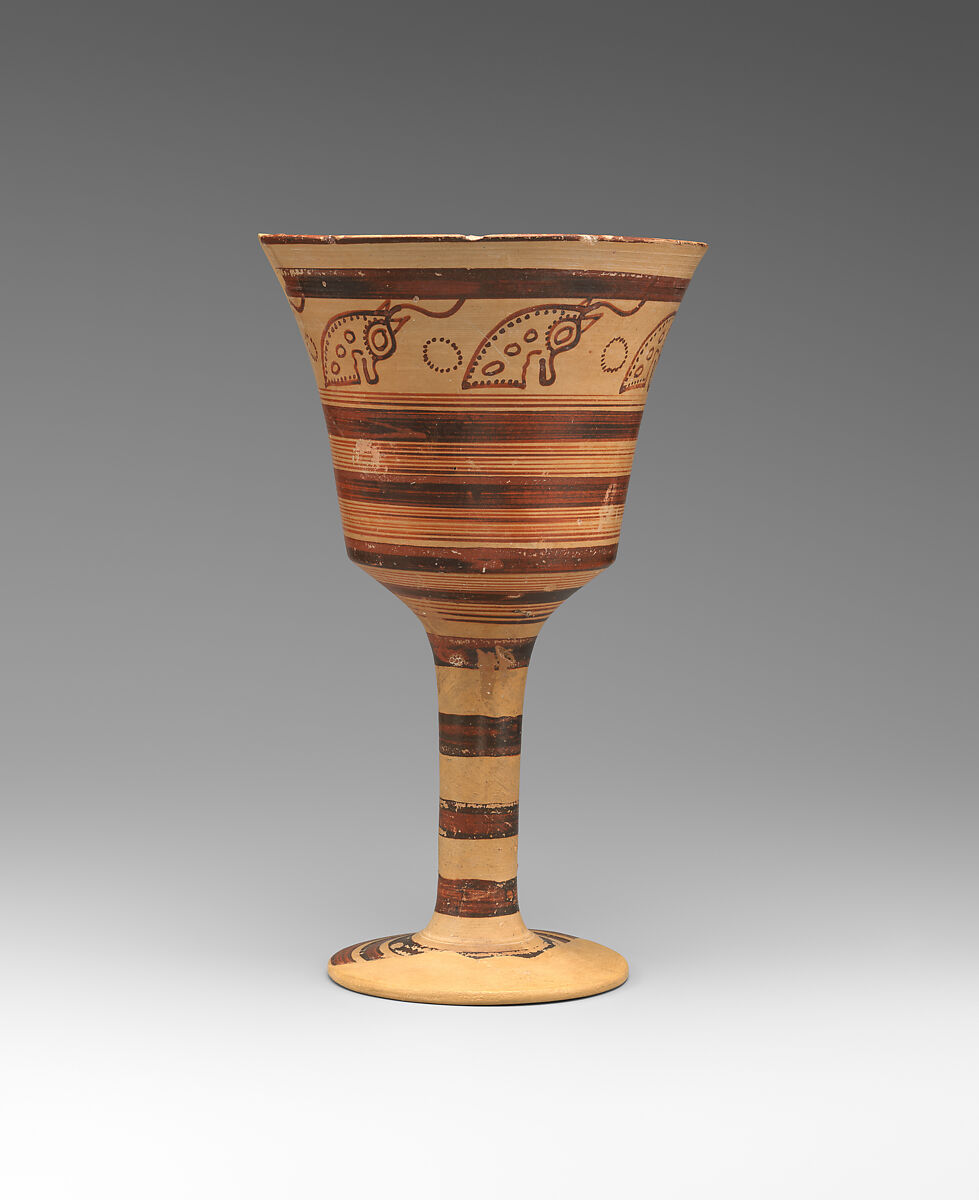 Terracotta chalice with bull's heads, terracotta, Mycenaean 