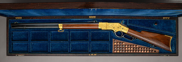 Winchester Model 1866 Rifle Presented to Guillermo Crespo (Serial Number 36174) with Case, Winchester Repeating Arms Company (American, New Haven, Connecticut, founded 1866), Wood (walnut, rosewood), steel, iron, gold, nickel silver, copper-alloy, brass, velvet, paper, American, New Haven, Connecticut and New York