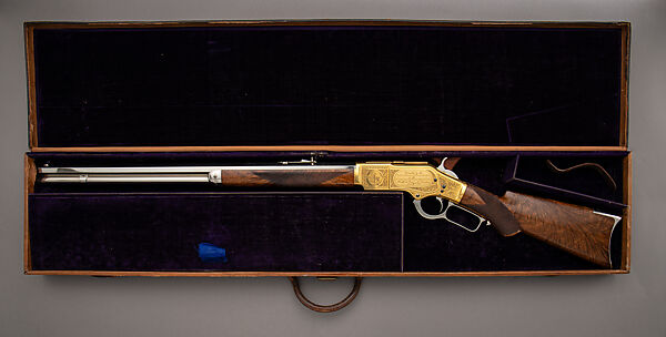 Winchester Model 1873 Rifle Presented by the Tibbits Veteran Corps of Troy, NY to the First Company Governors Foot Guard (Serial Number 86598) with Case, Winchester Repeating Arms Company (American, New Haven, Connecticut, founded 1866), Wood (walnut, ebony), steel, iron, gold, nickel, copper-alloy, brass, leather, velvet, silk, American, New Haven, Connecticut