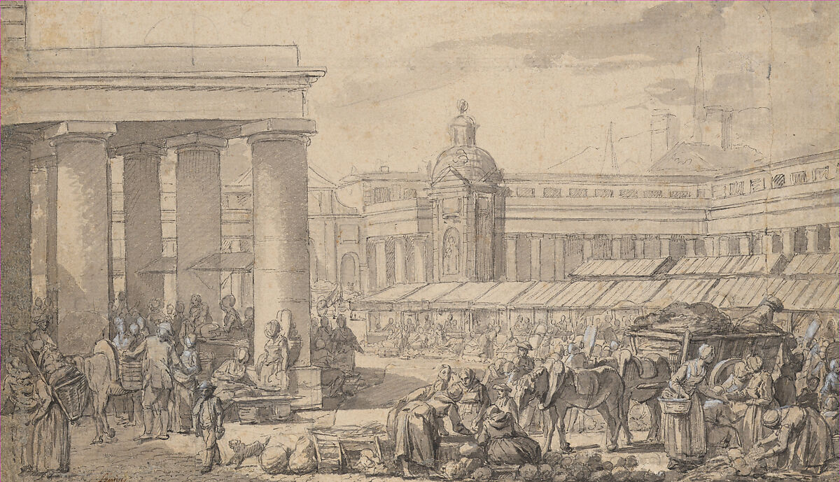 The Interior of a Large Market, Nicolas Bernard Lépicié (French, Paris 1735–1784 Paris), Pen and black and gray inks, brush and gray wash, heightened with white gouache, over black chalk 