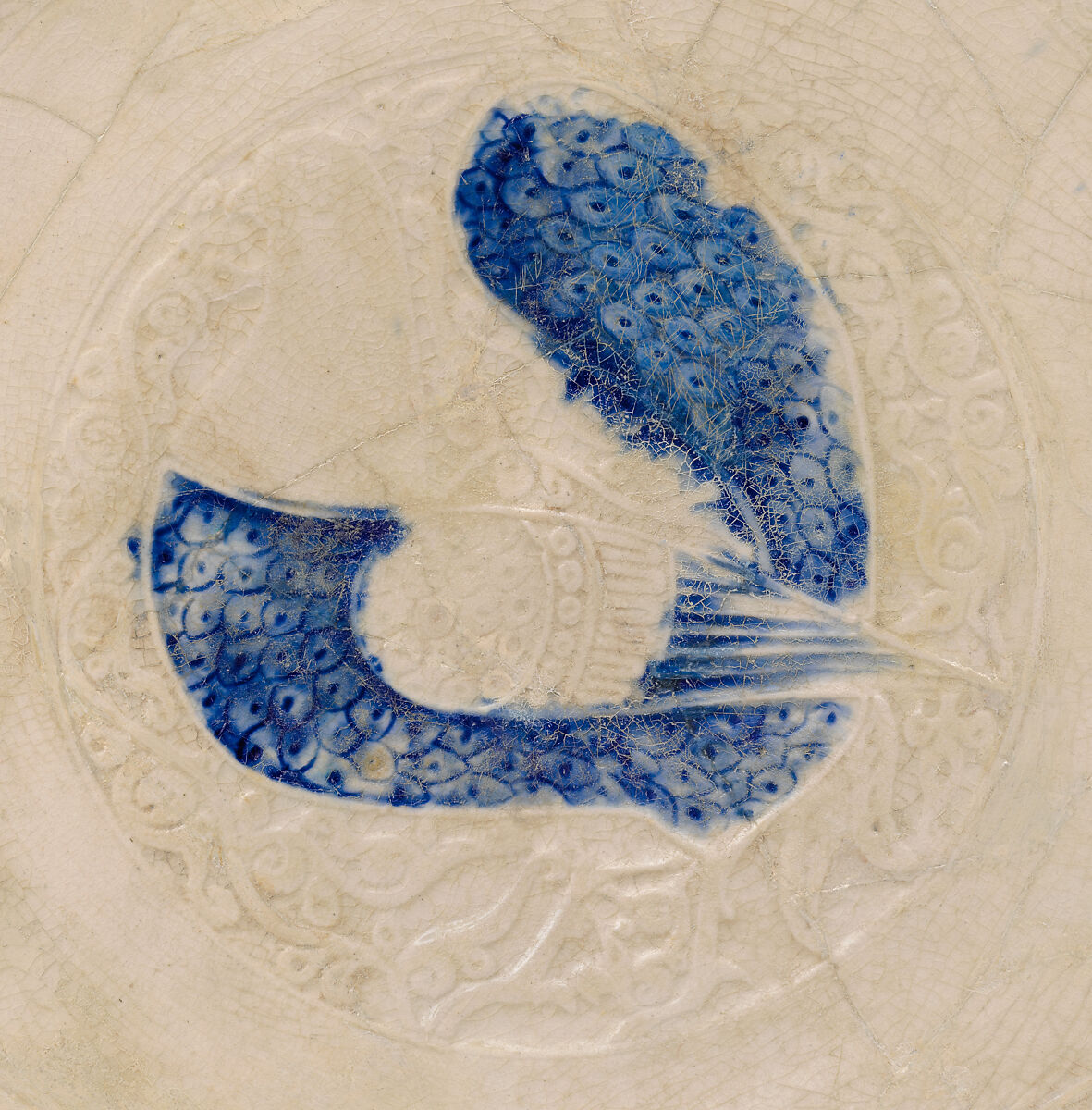 White Bowl with a Blue Peacock, Stonepaste; incised and in-glaze painted under transparent glaze