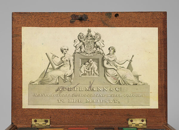 Artist's watercolor paint box, Ackermann &amp; Co., London (British, active 1829–55), Wood with brass hardware, engraving affixed to cover, hard cake watercolors, porcelain well and palette and glass water jar, British